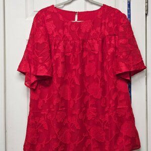 Womens 3/4 Bell Sleeve Blouse Summer Crewneck Lace Tops Floral Textured Babydoll